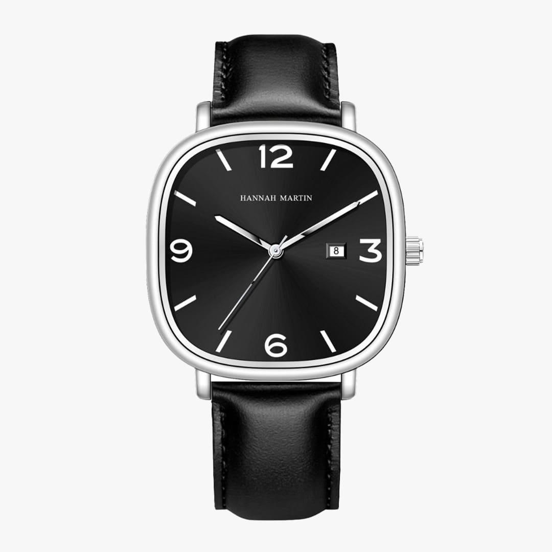 Relógio masculino quadrado Vittorio com pulseira de couro preto e mostrador preto refinado