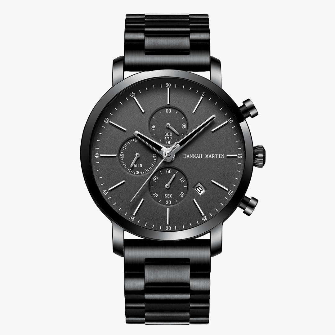Relógio Rivietto Nortis 40mm com mostrador preto fosco, pulseira de aço escovado e cronógrafo funcional, visto de frente.