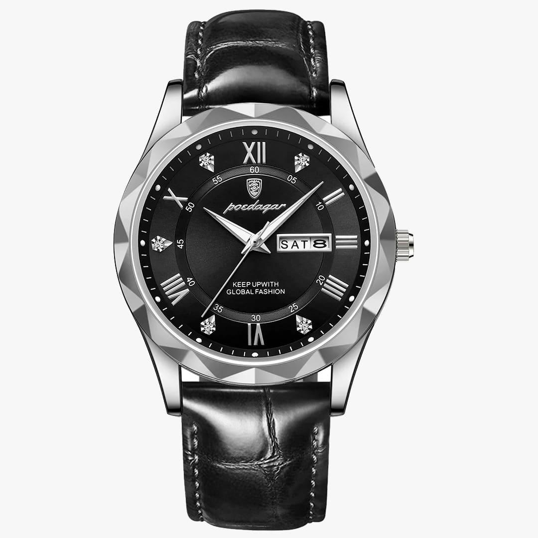 Relógio Rivietto Majestic com aro prateado e mostrador preto, pulseira em couro preto.