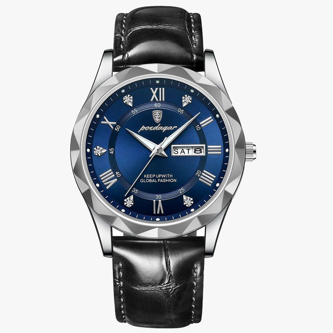 Relógio Rivietto Majestic com mostrador azul metálico e pulseira preta.