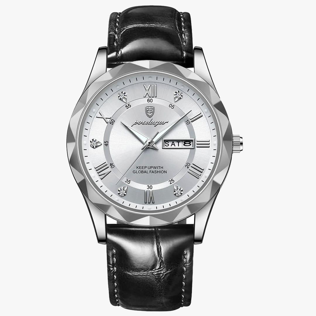 Relógio Rivietto Majestic com aro prateado e mostrador branco, pulseira de couro preto.