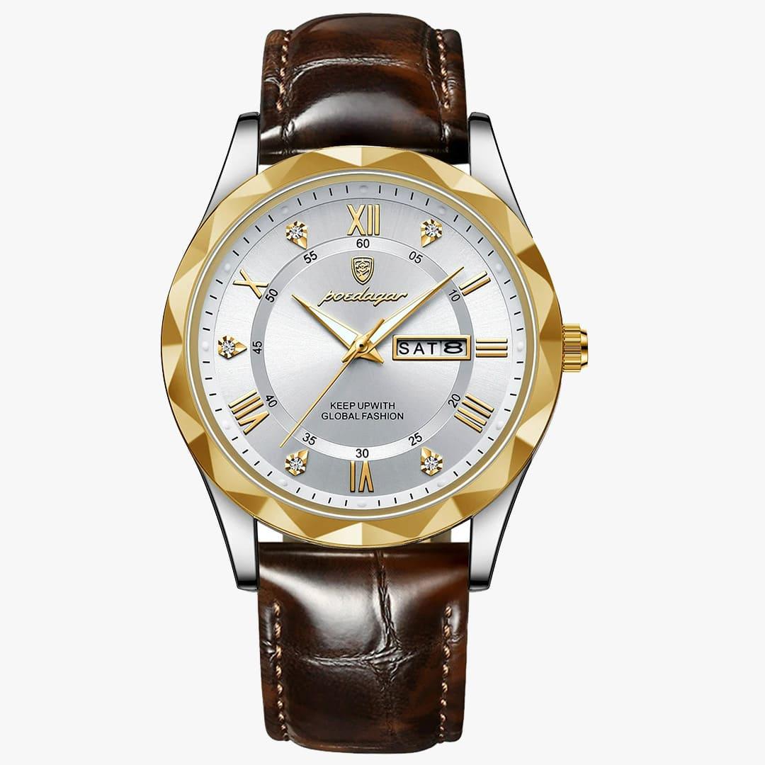 Versão prateada com aro dourado e mostrador branco do Rivietto Majestic, pulseira marrom.