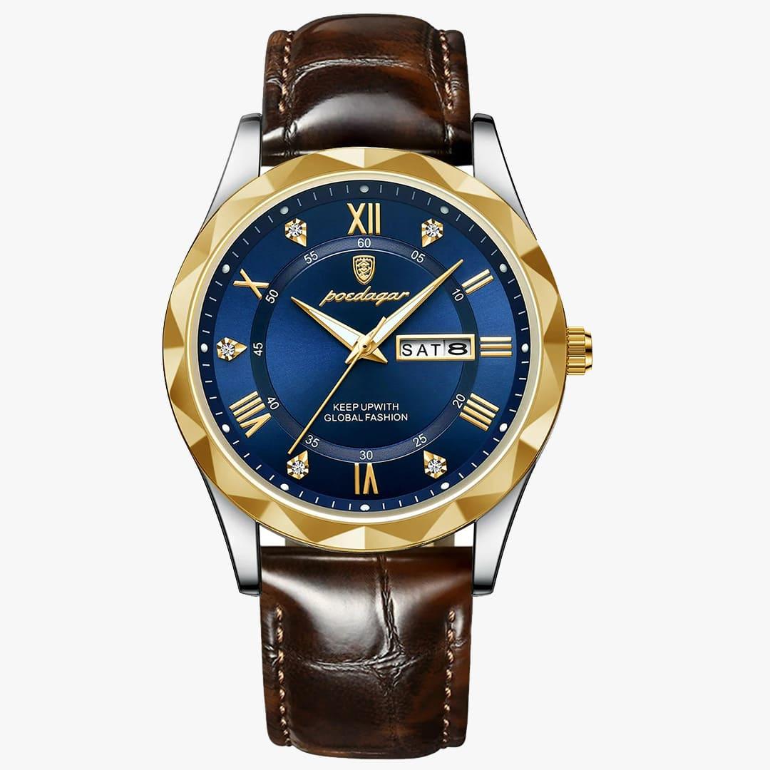 Relógio Rivietto Majestic com mostrador azul e pulseira de couro marrom escuro.