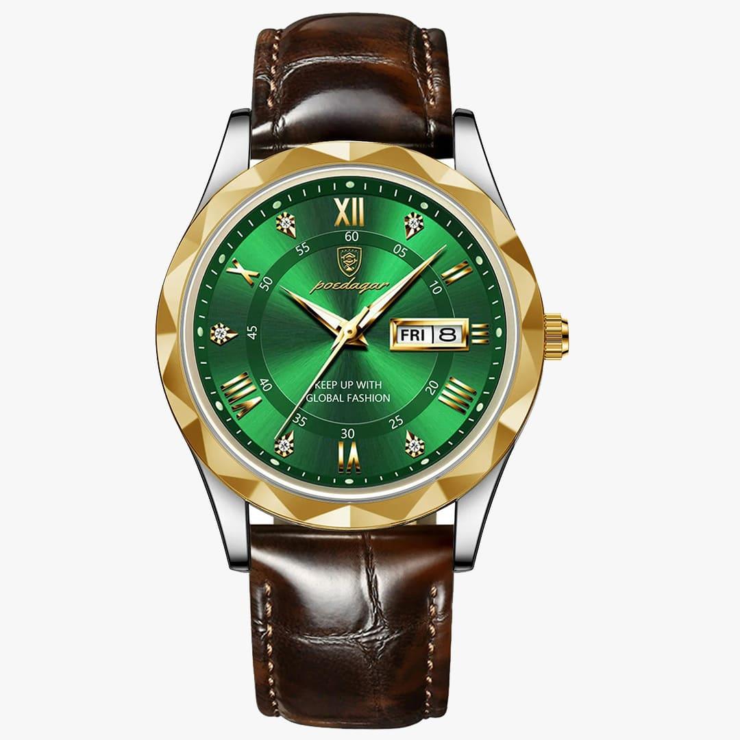 Modelo verde do Rivietto Majestic com aro dourado, mostrador metálico e pulseira marrom.