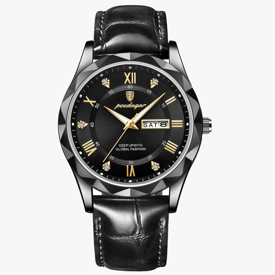 Rivietto Majestic com aro preto e mostrador preto, pulseira em couro preto com brilho.
