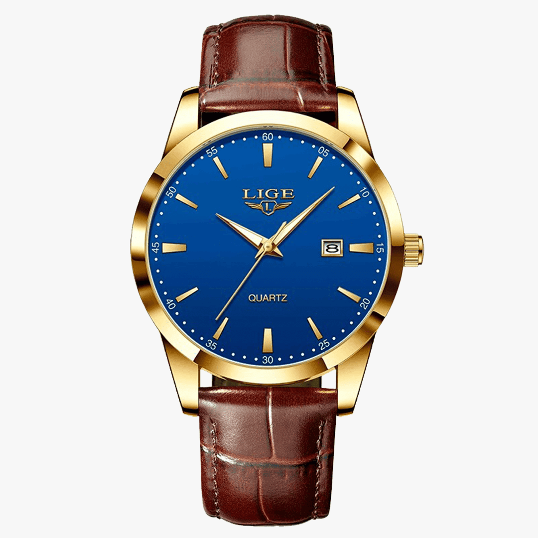 Relógio Rivietto Paris 40mm® dourado com mostrador azul e pulseira marrom, contraste marcante e sofisticado.