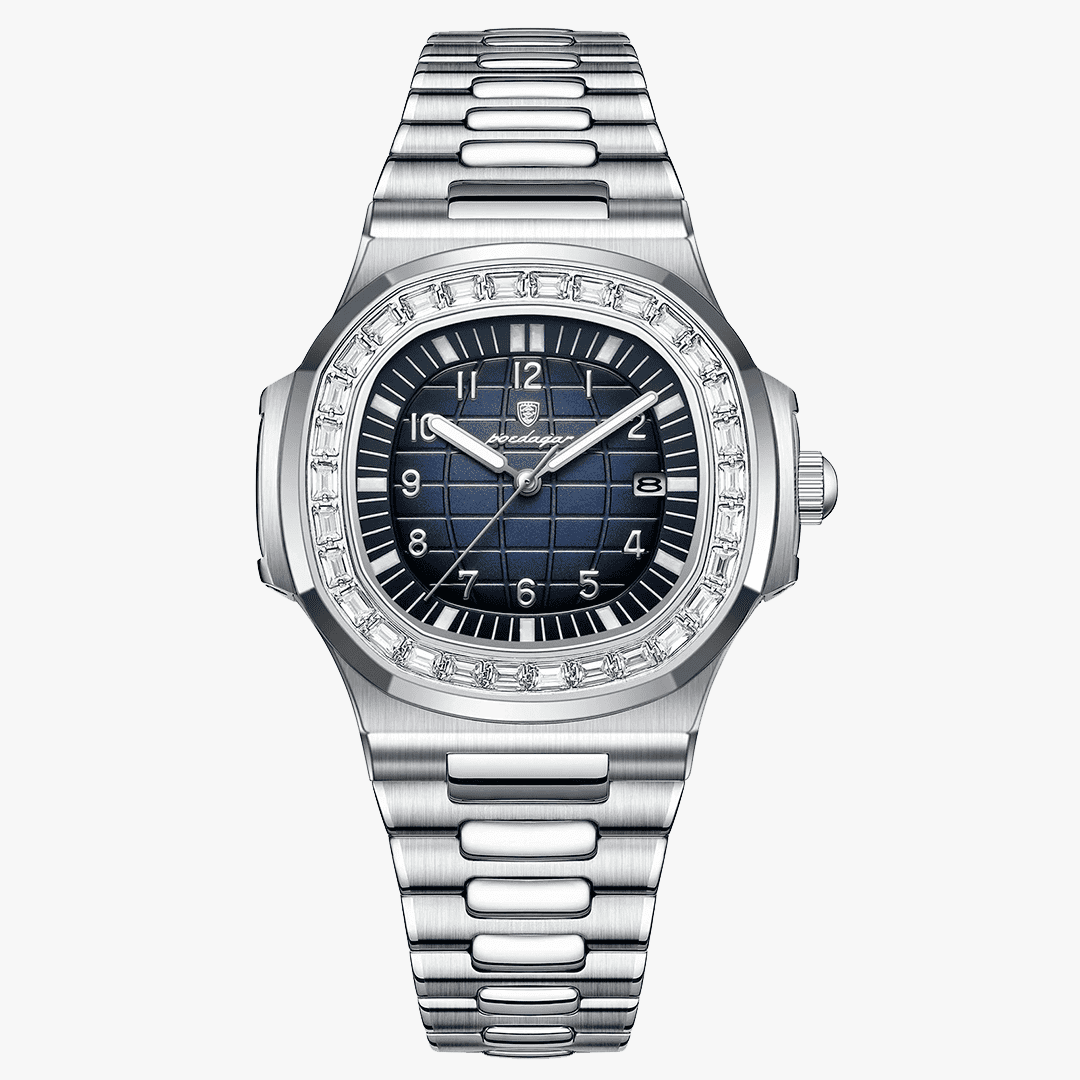 Relógio Rivietto Havana com mostrador azul marinho e pulseira de aço inox prateada, estilo clássico e refinado.
