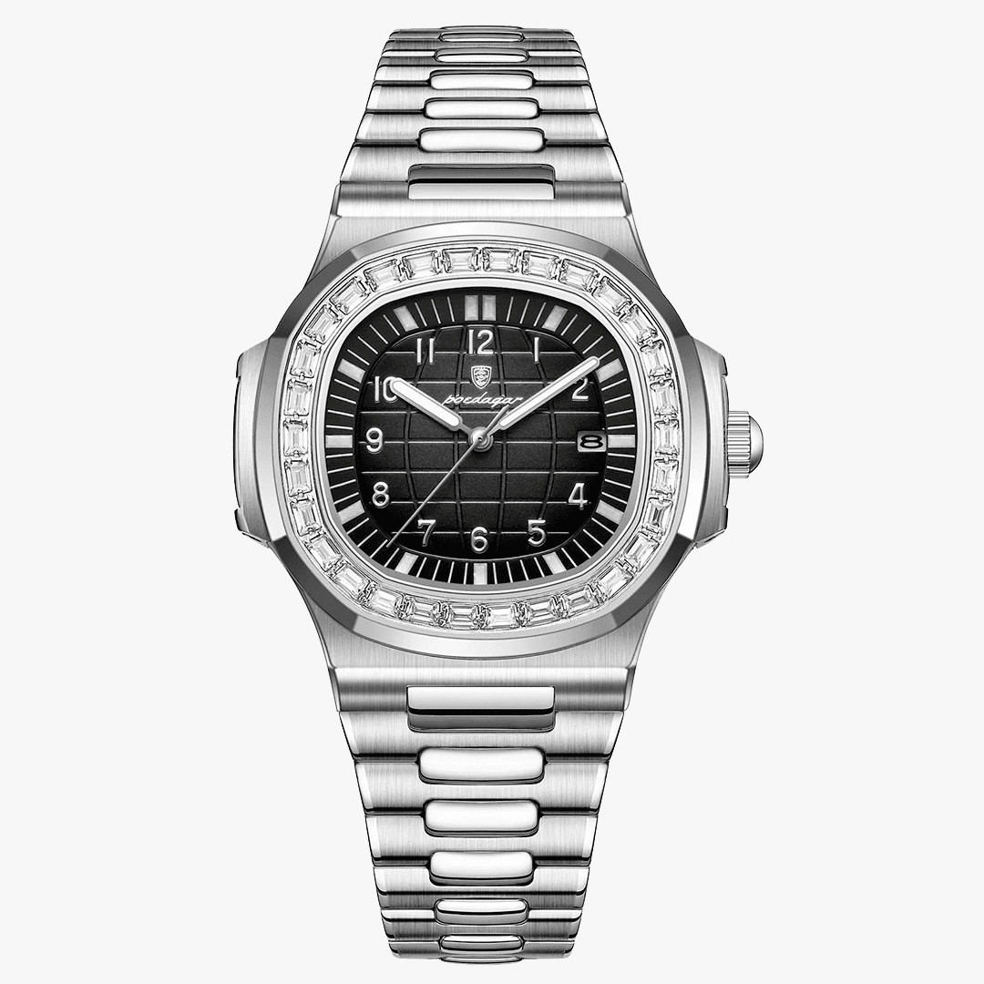 Relógio Rivietto Havana com mostrador preto e aro com cristais, pulseira de aço escovado.