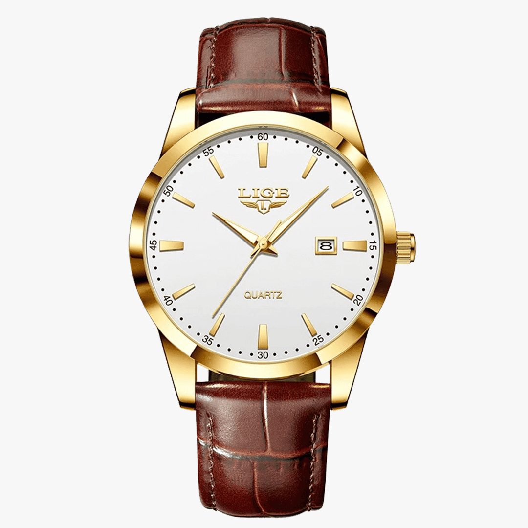 Relógio Rivietto Paris 40mm® dourado com mostrador branco e pulseira marrom de couro texturizado, exibido em fundo neutro.