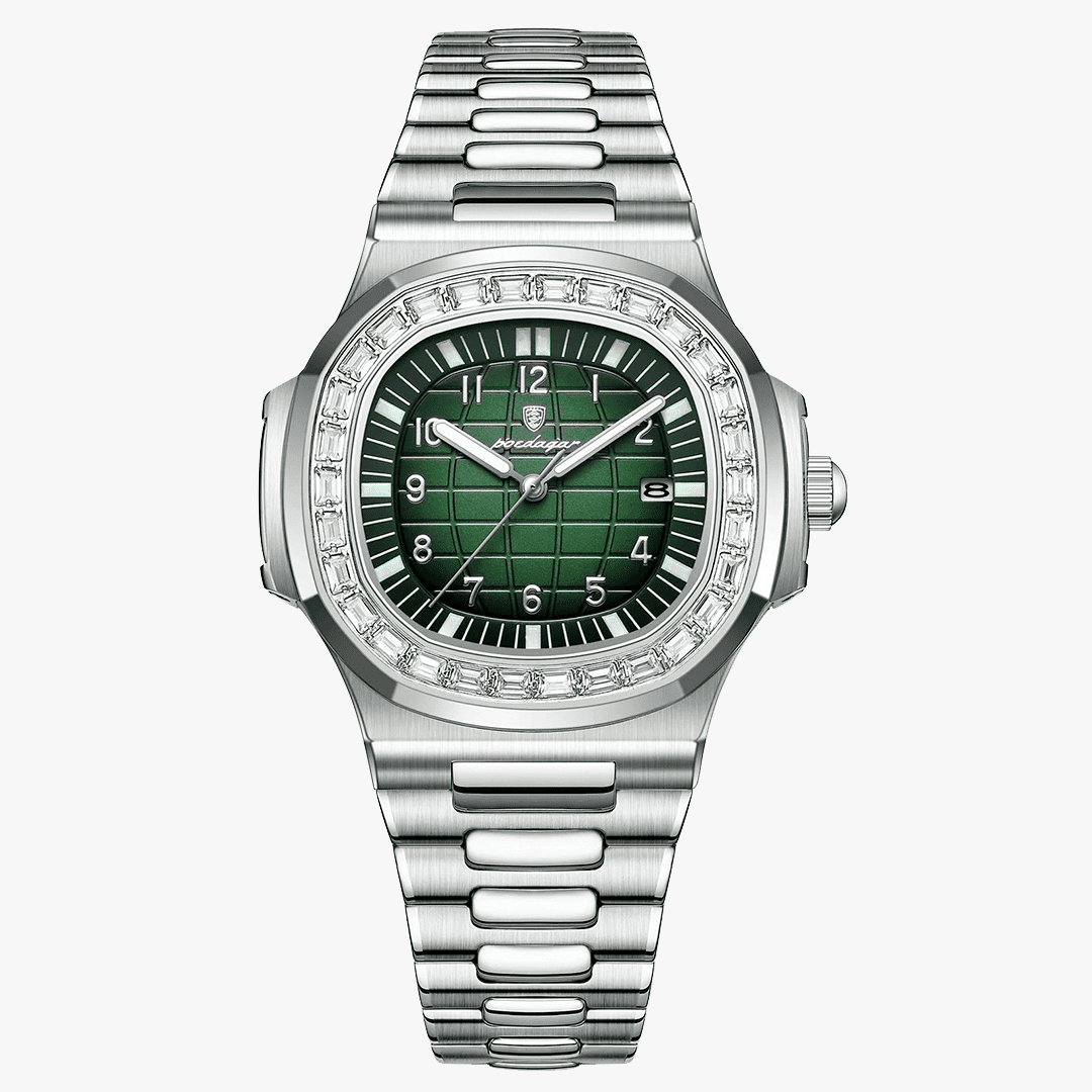 Relógio Rivietto Havana com mostrador verde e pulseira prateada de aço escovado, design elegante.
