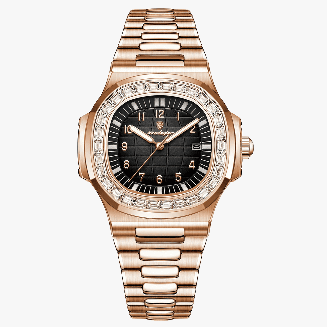 Relógio Rivietto Havana com mostrador preto e pulseira rosé gold, estilo imponente e marcante.