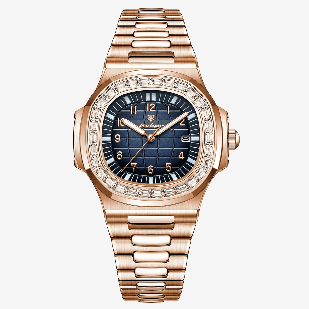 Relógio Rivietto Havana com mostrador azul e pulseira em aço rosé gold, acabamento sofisticado.