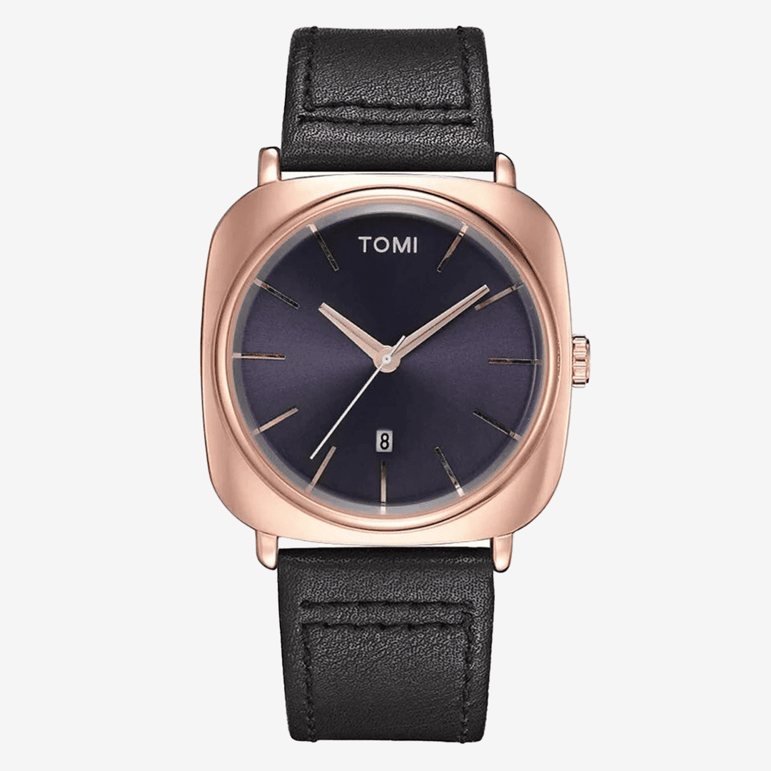 Relógio Istanbul com mostrador azul escuro e caixa rosé, pulseira preta de couro em fundo branco