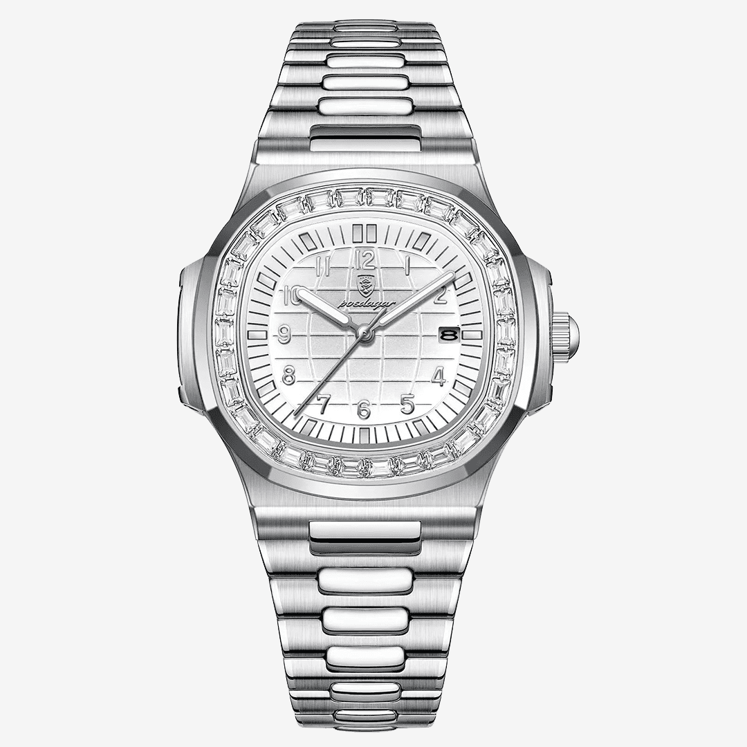 Relógio Rivietto Havana com mostrador branco e pulseira de aço inox prateada, fundo branco.