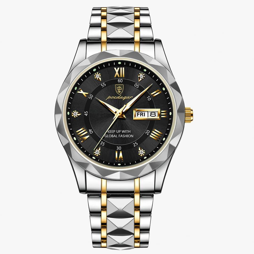 Relógio Rivietto Paragon 41mm preto com detalhes dourados e pulseira em aço bicolor.