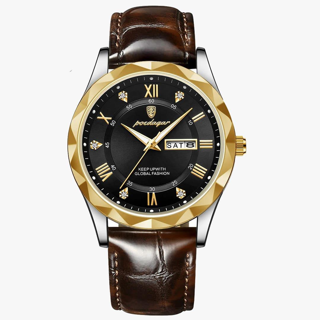 Modelo dourado do Rivietto Majestic com mostrador preto e pulseira marrom.
