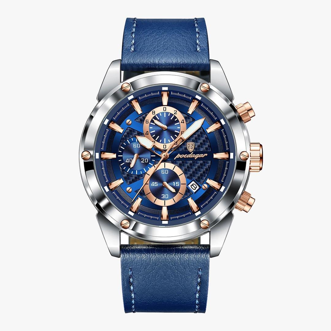 Relógio Rivietto Omega com mostrador azul e pulseira de couro azul, detalhes em dourado rosé