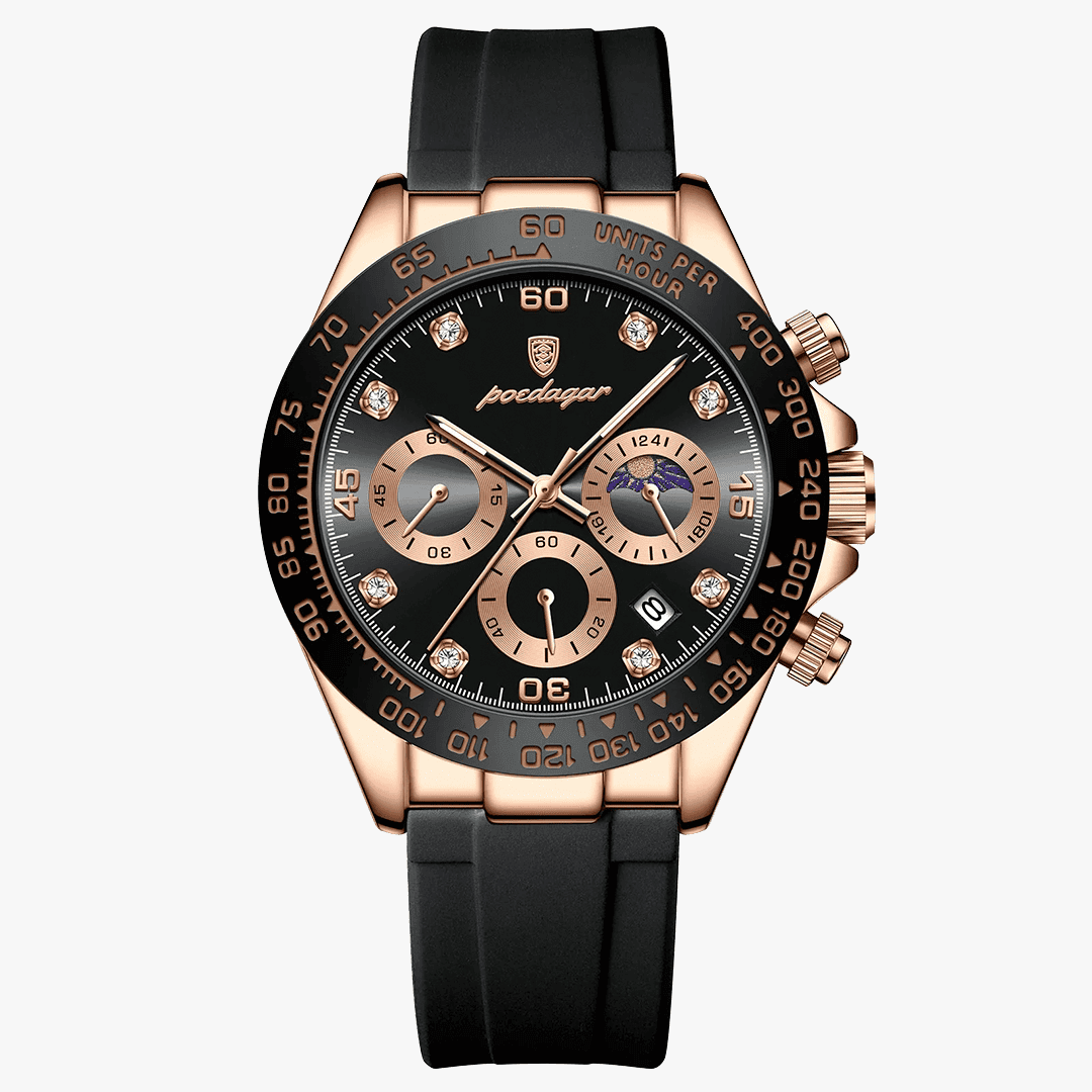 Relógio Amsterdam rosé gold com mostrador preto e pulseira de silicone