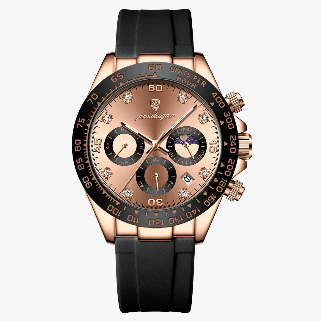 Relógio Amsterdam rosé com mostrador rosé e detalhes pretos em estilo esportivo