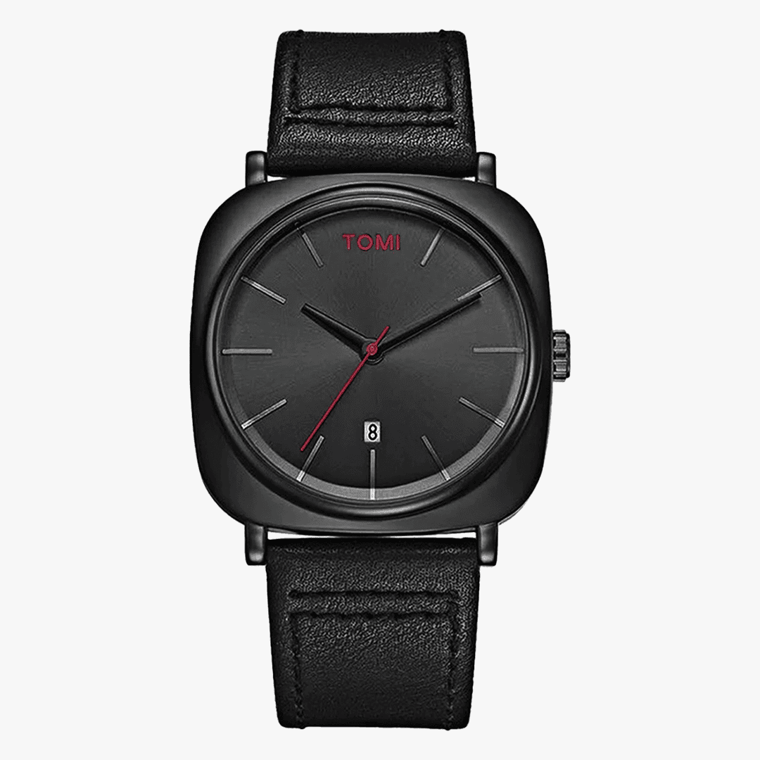  Relógio Istanbul com mostrador preto e pulseira preta de couro, visual moderno e minimalista