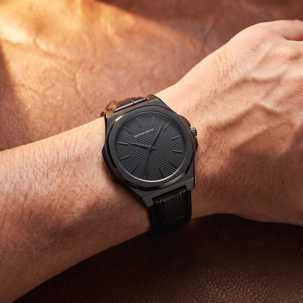 Relógio Linea 40mm Todo Preto no pulso com pulseira de couro