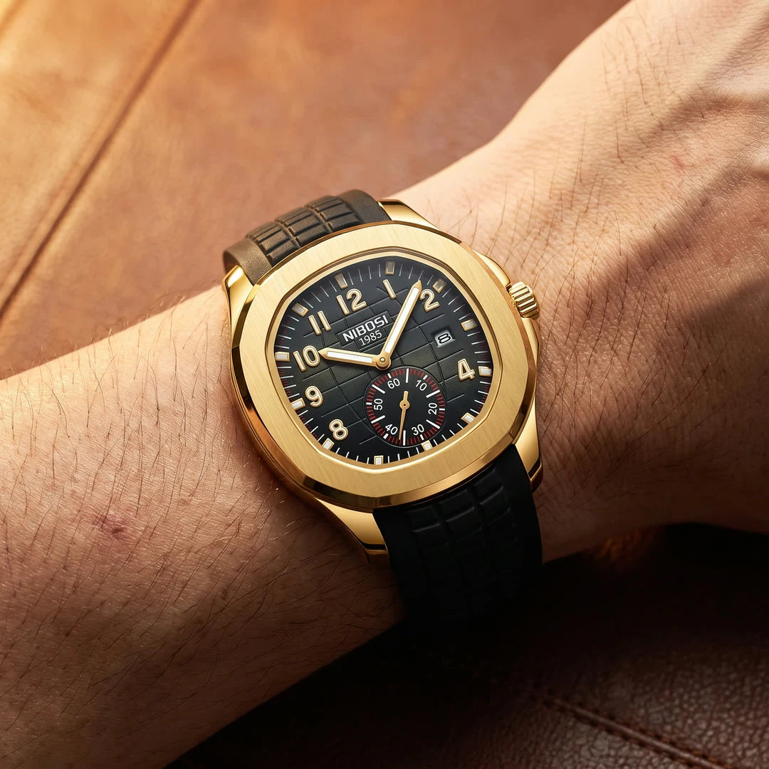 Lumen 42mm Preto e Dourado - frontal no pulso