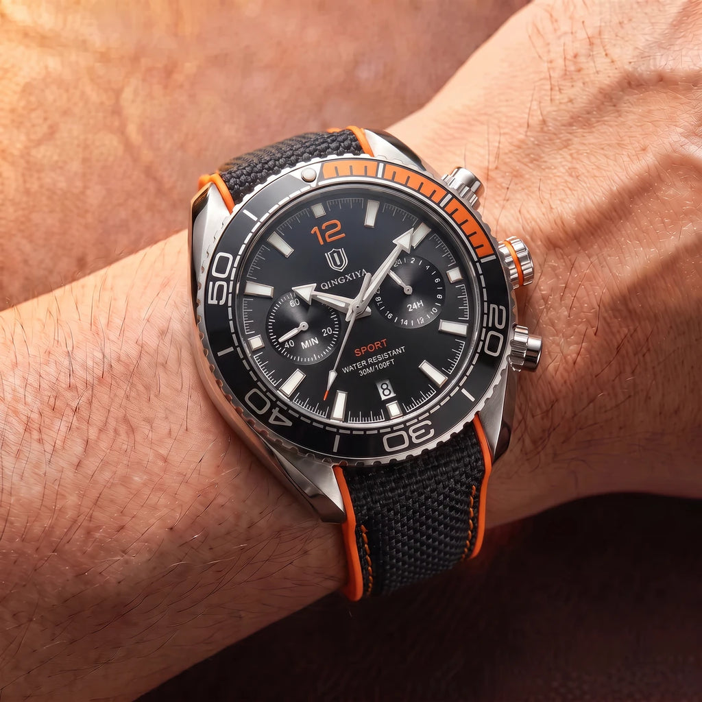 Relógio Netuno 44mm Preto e Laranja no pulso