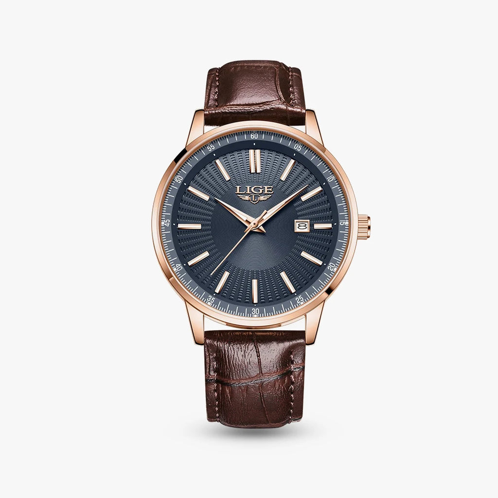 Relógio Oliva 41mm Couro Azul e Rosê - Couro Marrom