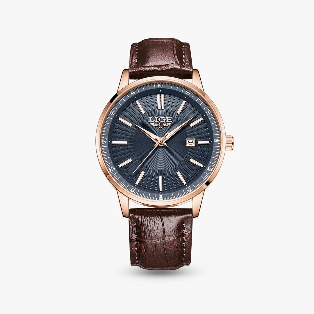 Relógio Oliva 41mm Couro Azul e Rosê - Couro Marrom