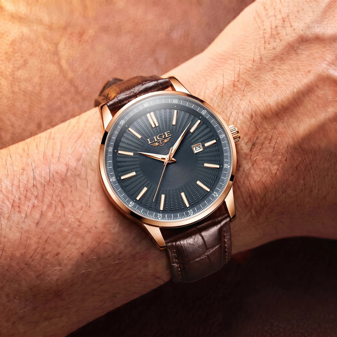 Relógio Oliva 41mm Couro Azul e Rosê - Couro Marrom no pulso