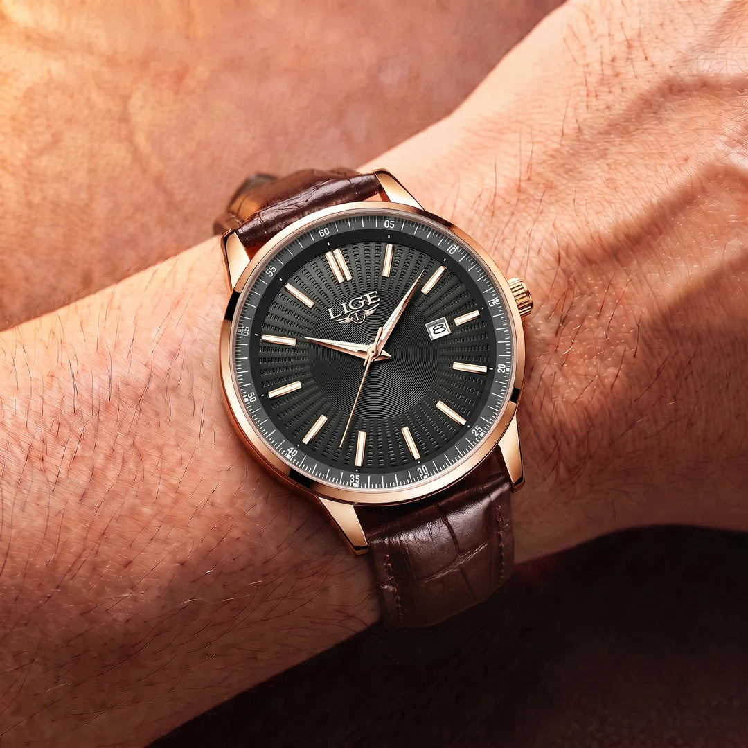 Relógio Oliva 41mm Couro Preto e Rosê - Couro Marrom no pulso