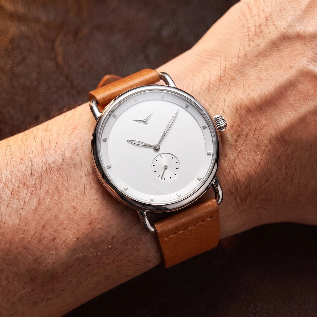 Relógio Silente 41mm Branco e Marrom no pulso