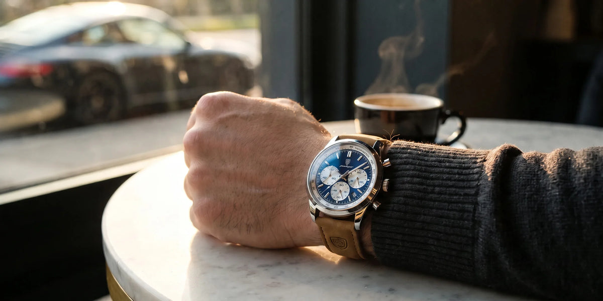 Sublime 41mm azul com pulseira de couro camel sobre mesa de cafeteria